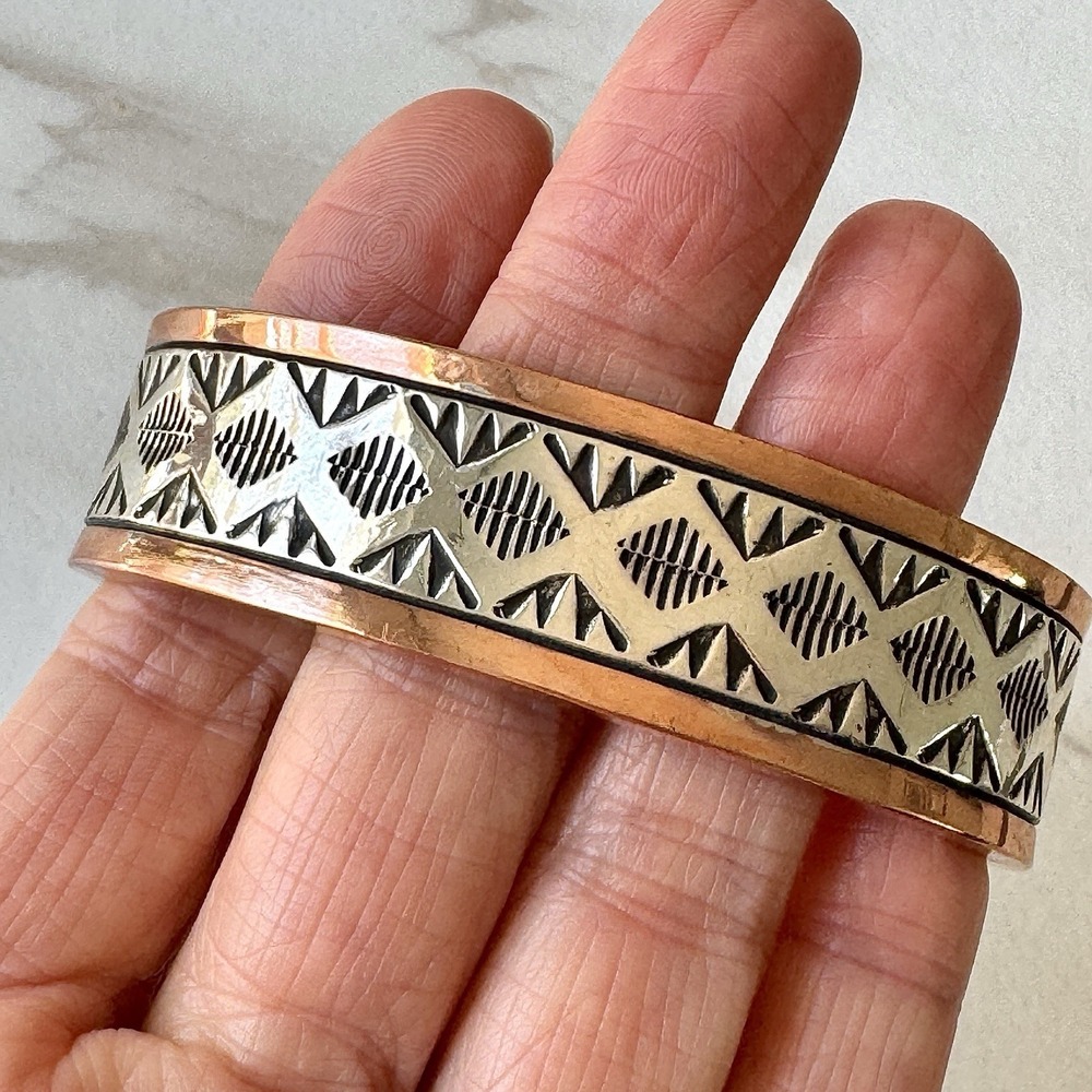 Mens Navajo Sterling Copper Cuff Bracelet 7.5in Signed Secatero Heavy 90g Native